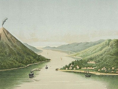 Painting of ships around Bandanaira